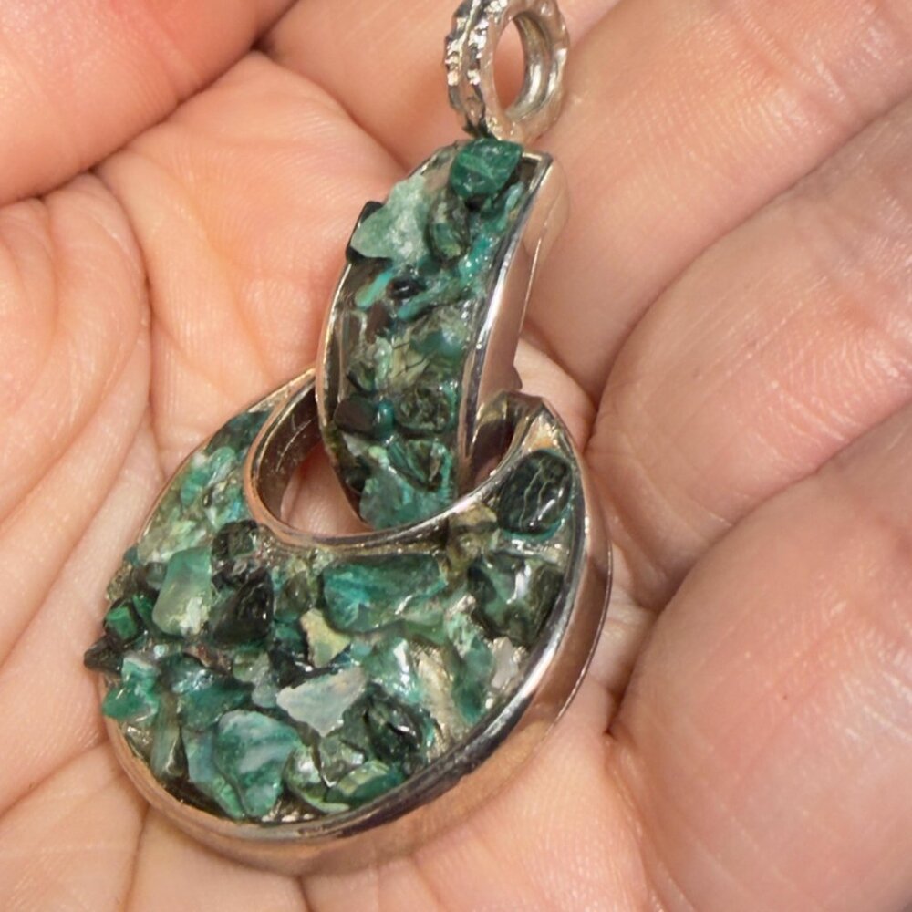 Malachite Chip  Articulated Pendant Green Stone Mosaic Silver Tone 2" - Picture 8 of 8